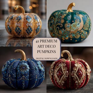 Könnte beinhalten: Eine Collage von vier dekorativen Kürbissen mit aufwendigen Designs. Einer ist gold und blau, ein anderer türkis mit einem Pfau, ein dritter marineblau und der letzte rot. Der Text lautet "41 Premium Art Deco Pumpkins Digital Downloads."