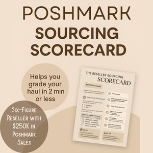 Op de afbeelding: Een beige afbeelding met de tekst "POSHMARK SOURCING SCORECARD" en "Helpt je je buit in 2 minuten of minder te beoordelen." Bevat een "Zescijferige wederverkoper met $250K aan Poshmark-verkopen" grafiek en een scorekaart.