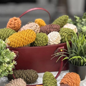 Puede incluir: Un bolso rojo lleno de artículos de ganchillo en tonos naranja, verde, marrón y amarillo. Los artículos de ganchillo tienen una forma texturizada en forma de cono. El bolso tiene un asa y está rodeado de vegetación.