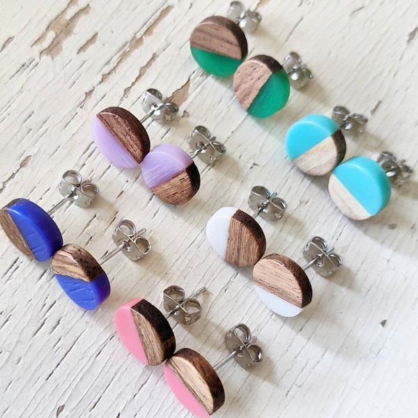 Wood and Resin Stud Earrings