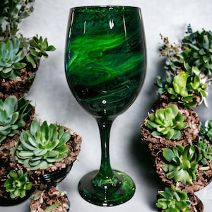 Custom Handmade Alcohol Ink Resin Wine Glass-Green Swirl