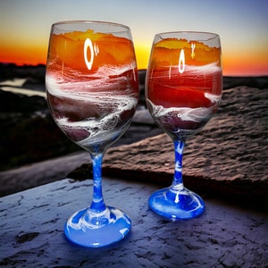 Custom Handmade Alcohol Ink Resin Wine Glass- Tropical Sunset