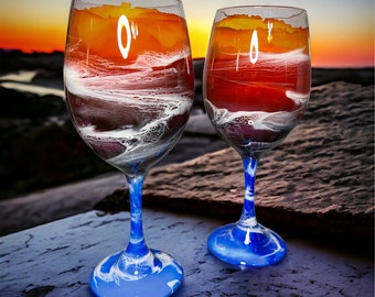 Custom Handmade Alcohol Ink Resin Wine Glass- Tropical Sunset
