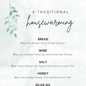 Printable Housewarming Gift Home Blessing Traditional DIY Bread Wine Salt Honey Olive Oil Candle Card for Gift Basket