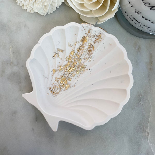 Seashell ring dish, Gold foil ring dish, seashell jewelry dish, gold and white ring holder, minimalistic ring holder, gold catch all dish