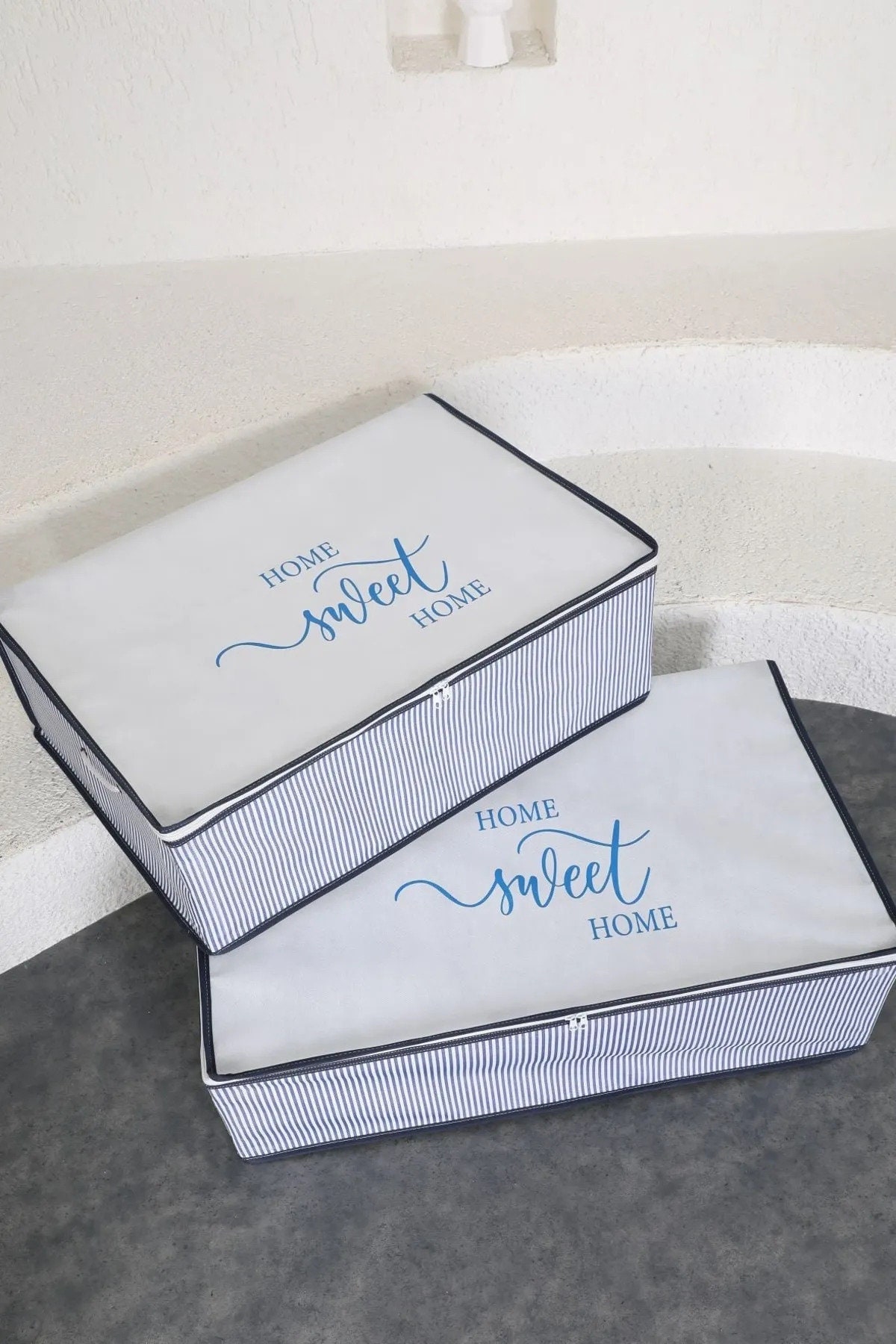 Blue Striped Storage Bags PACK 2, Clothes Organizer With Reinforced