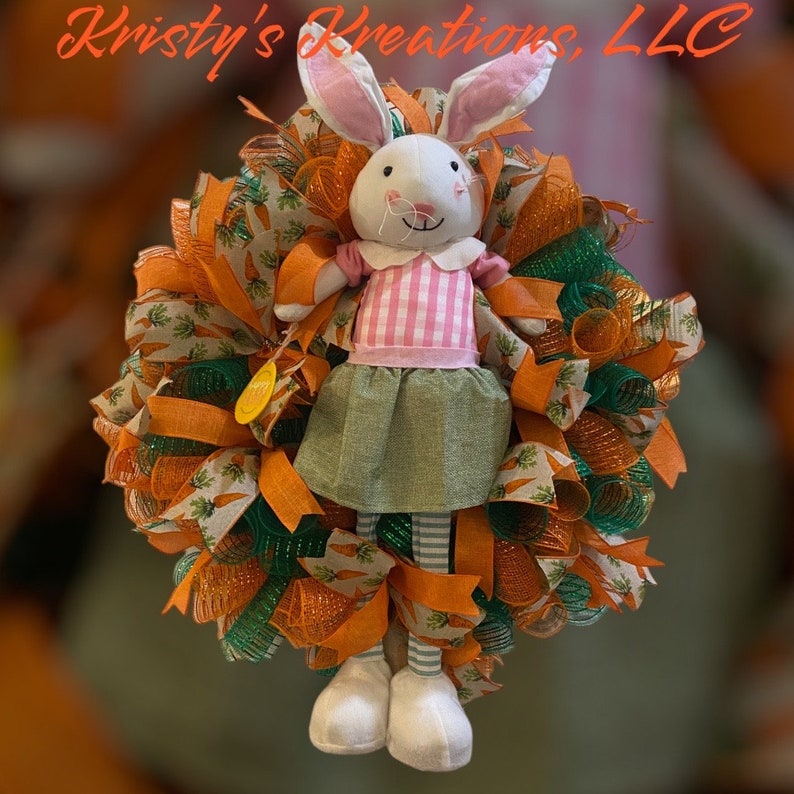 Easter Bunny wreath, Easter wreath, Bunny wreath, spring wreath, orange and green Easter wreath , seasonal wreath image 3