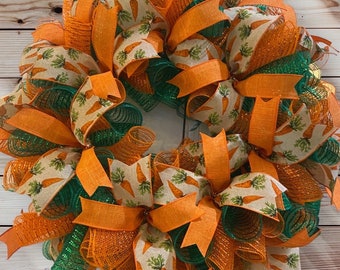 Easter  bunny wreath, spring wreath, orange and green Easter wreath, minimal wreath,  seasonal wreath, ribbon wreath, spiral wreath