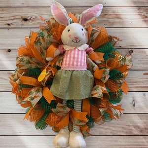 Easter Bunny wreath, Easter wreath, Bunny wreath, spring wreath, orange and green Easter wreath , seasonal wreath image 1