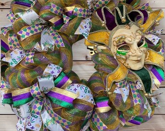 Designer Mardi Gras wreath, Jester Mask Wreath, Mardi Gras Wreath, Mardi Gras Door Decor, Mardi Gras decorations