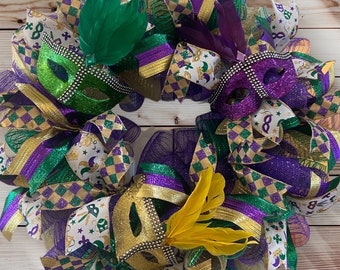 Carnival Mardi Gras wreath, custom Mardi Gras wreath, mask Mardi Gras wreath, Mardi Gras wreath, Mardi Gras door decor, deco mesh wreath