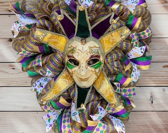 Designer Mardi Gras wreath, Jester Mask Swag, Mardi Gras Wreath, Mardi Gras Door Decor, Mardi Gras Decorations