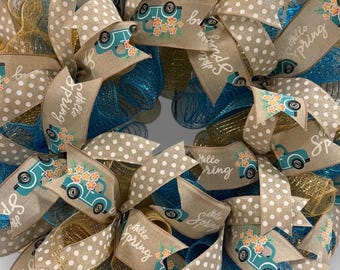 Spring Truck Wreath for Front Door | Hello Spring Burlap & Teal Mesh Wreath | Farmhouse Spring Door Decor | Easter Porch Decoration
