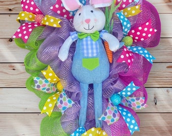 Wreath with big Easter bunny center, multi colored deco mesh, Easter wreath, Easter bunny wreath, spring wreath