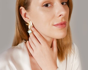 Big Floral Gold Earrings, Botanical Gold Earrings, Large Bohemian Earrings, Chunky Earrings, Boho Hippie Statement Earrings, STELART