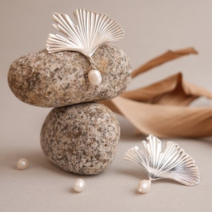 Ginkgo Pearl Earrings, Ginkgo Biloba Silver Earrings, Bohemian Ginkgo Leaf Earring, Dainty Pearl Earrings, Silver Leaf Earring, Stelart