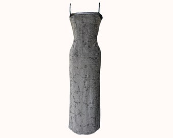 Robe longue métallique vintage des années 90 Status Collection fabriquée aux États-Unis, étiquette de taille grande formelle printemps été floral noir argent