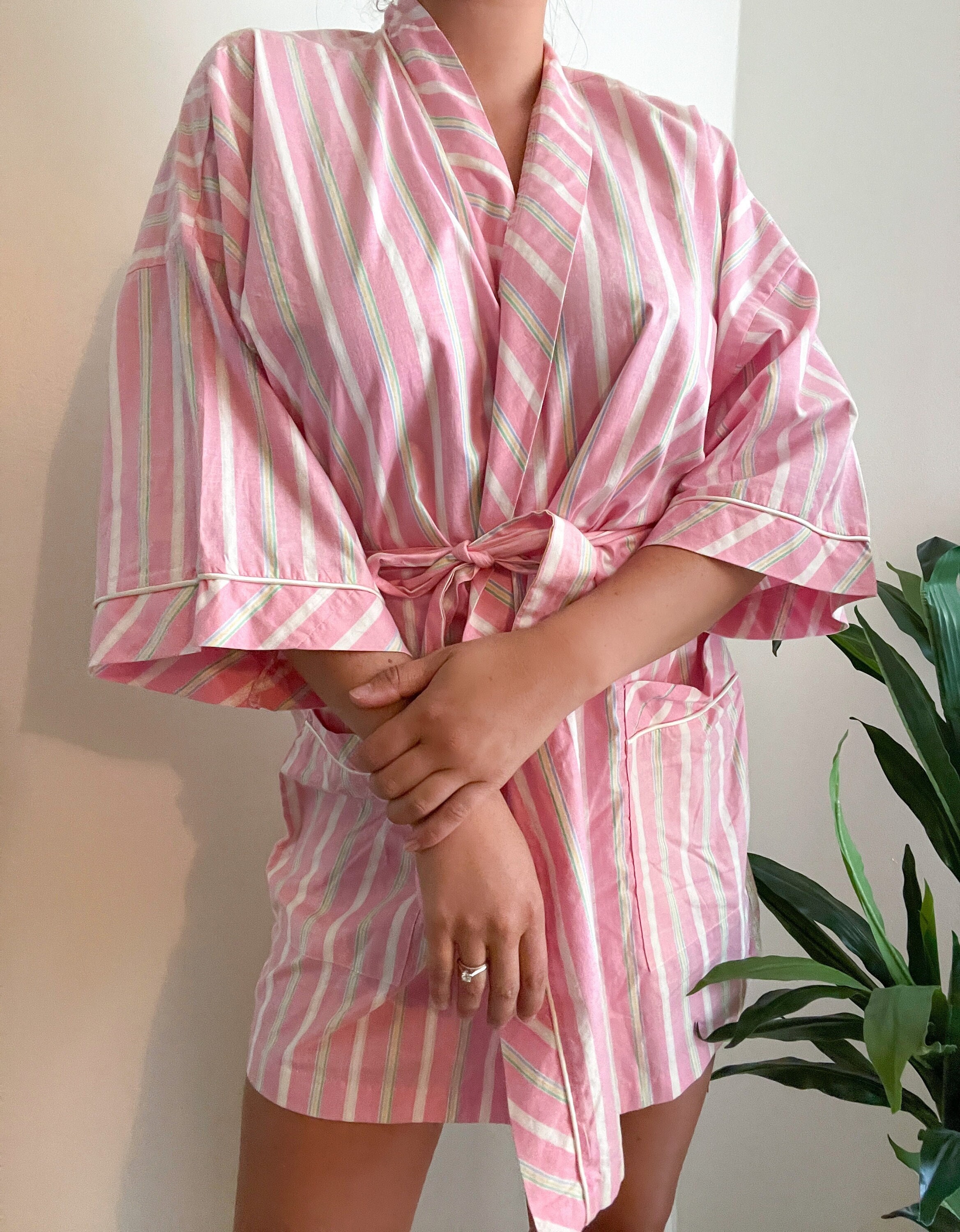 Vintage 1970s Brandywine Pink Striped Robe 100 Cotton Size Medium