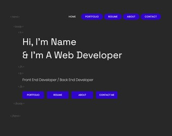 Pode incluir: Design de site web cinza escuro com texto branco e botões de navegação azuis. O texto diz "Hi, I'm Name & I'm A Web Developer". A barra de navegação inclui Portfolio, Resume, About e Contact.
