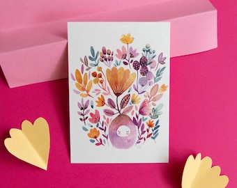 Carte aquarelle A6 - Mochi fleuri