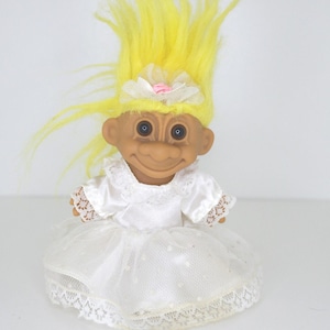 Vintage Russ Troll Doll - Bride Troll - White Dress Smiling Troll Figure With Yellow Hair - Wedding Theme