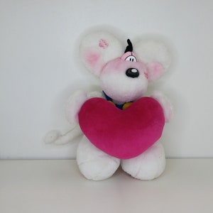 Diddl Plushie - Stuffed Animal Toy - 8'inch Tall White Mouse - Blue Overalls Holding a Heart - Pre-loved