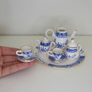 Vintage Mini Ceramic Pottery Tea Set - Miniature Dishware: Plate Cups Pot Cream Sugar - White Blue Floral Ornament - Pre-loved