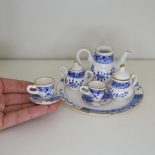Vintage Mini Ceramic Pottery Tea Set - Miniature Dishware: Plate Cups Pot Cream Sugar - White Blue Floral Ornament - Pre-loved
