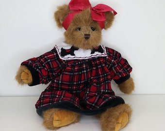 vintage Authentique The Bearinton Collection Bear Mackenzie Macbearington - Ours brun de collection dans une robe à carreaux rouge/noir - Col blanc