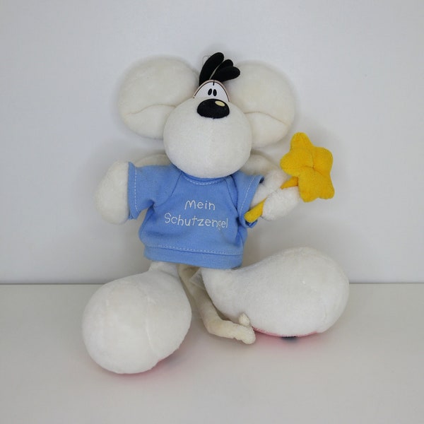 Diddl Plushie - Stuffed Animal Toy - 10'inch Angel White Mouse - Blue Shirt Mein Schutzengel Wigs - Pre-loved