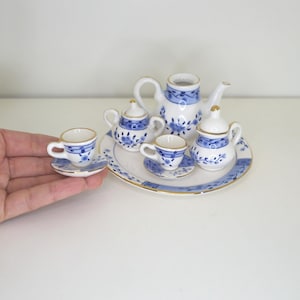 Vintage Miniature Blue & White Floral Dishware Set, Collectible Mini Pottery