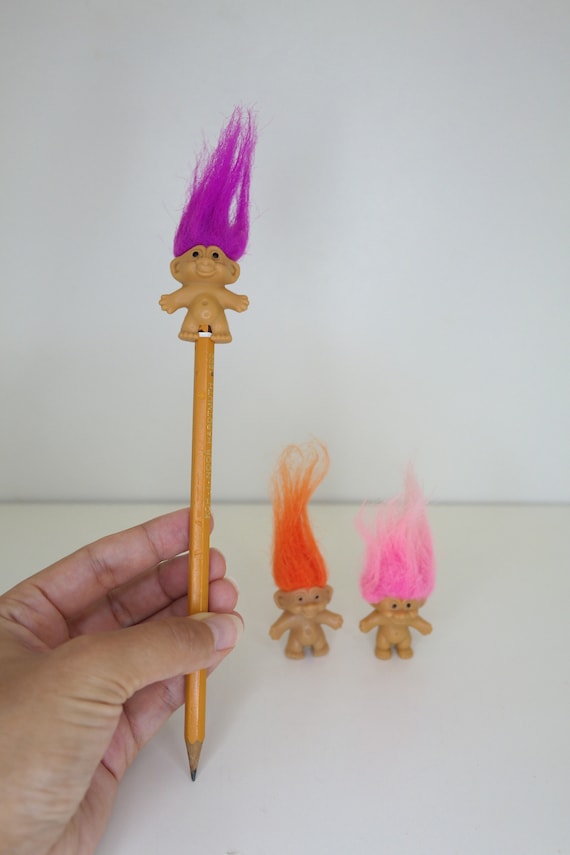 ItsToyetic Vintage Mini Russ Troll Set - 1.5' Pencil Top and Key Chain Troll Toy Figures - Set of 3 Troll Toys - Pre-owned