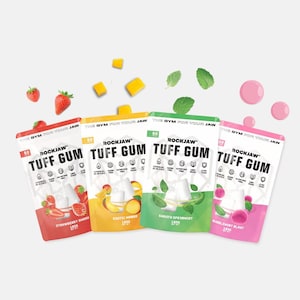 May include: Four pouches of Rockjaw Tuff Gum in various flavours: Strawberry Smash, Exotic Mango, Smooth Spearmint, and Bubblemint Blast. The packaging displays the brand name and flavour names, alongside images of fruits and mint leaves.