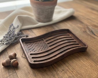 Rustic Wooden American Flag Tray, Hand Carved Walnut Catchall Dish, Patriotic Home Decor Gift