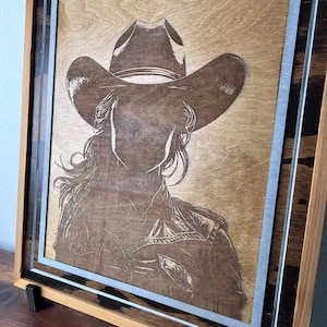 Laser Engraved Cowgirl Wood Art: Western Home Decor