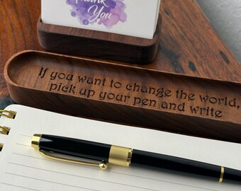 Personalized Walnut Pen Tray & Business Card Holder - Engraved Desk Organizer