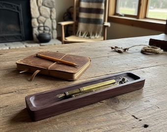 Rectangular Black Walnut Pen Tray | Minimalist Wooden Desk Organizer | Office Decor