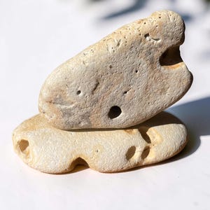 May include: Two beige, porous stones stacked. The top stone has a large hole and several smaller ones. The bottom stone has three holes. The stones are smooth and appear natural. Metric measurements would apply.