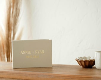 Personalized Wedding Video Book with Audio, Cream Linen Photo Album, Custom Gold Foil Lettering