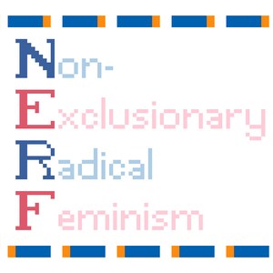 May include: A white background with a blue, orange, and yellow border. The letters N, E, R, and F are in a column, with each letter in a different color. The letters spell out "Non-Exclusionary Radical Feminism".