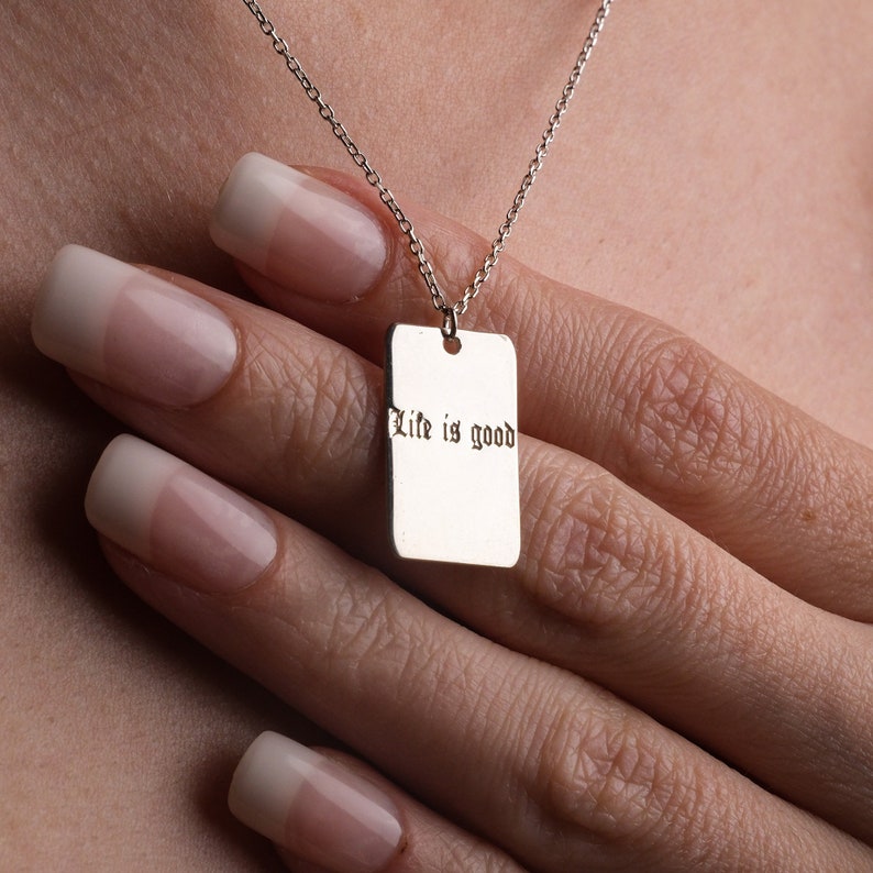 14K Gold Name Necklace, Custom Quote Necklace, Rectangle Bar Pendant