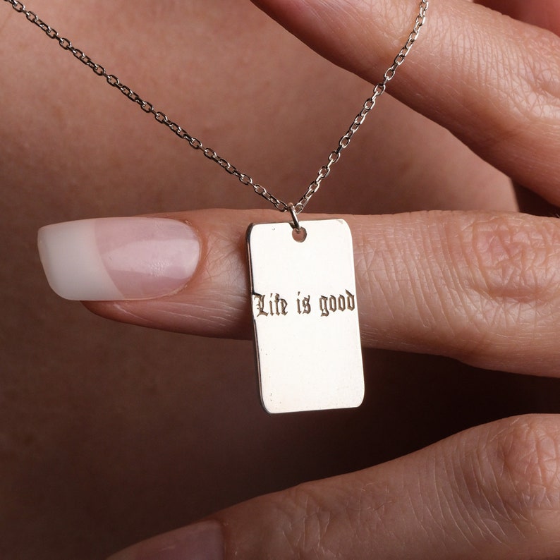 14K Gold Name Necklace, Custom Quote Necklace, Rectangle Bar Pendant