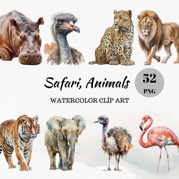 Safari Watercolor Animals Clipart Bundle - 52 Cute Safari Creatures, Baby Pets, Fairytale Style, PNG, Instant Digital Download, Commercial