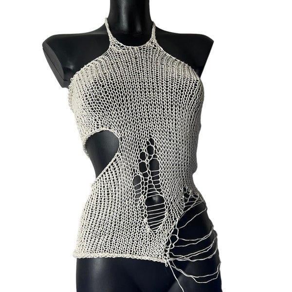 Knit Crop Top Asymmetrical Halter Top cut out