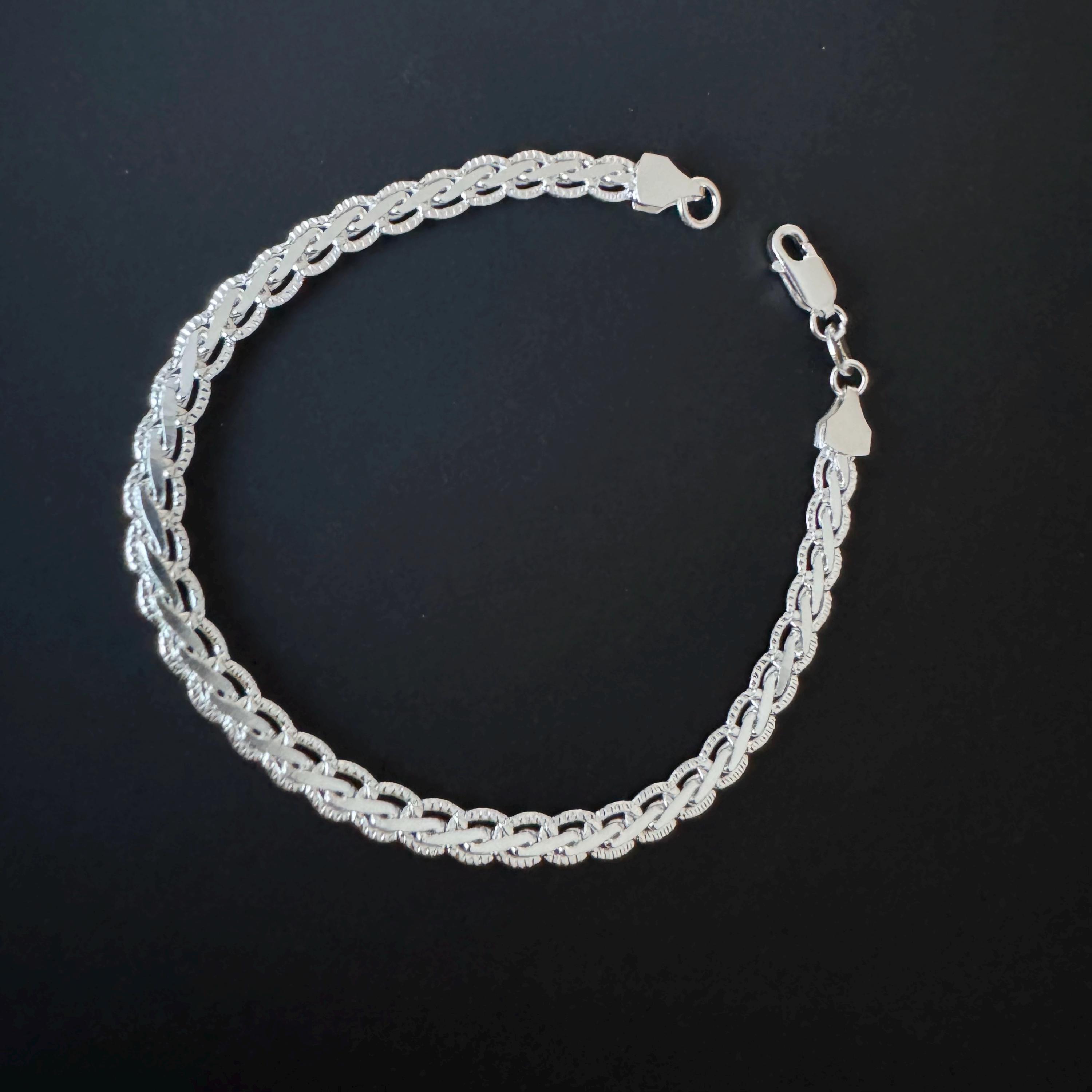 S999 Pure Silver Flat Twist Bracelet, Rope Edge Curb, 4.5mm