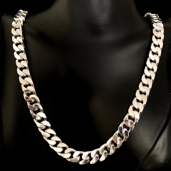 S999 8mm Curb Chain Cuban Chain Completely Real Solid Fine Pure Silver Heavy Necklace 22 inch/56cm and 24inch/61cm