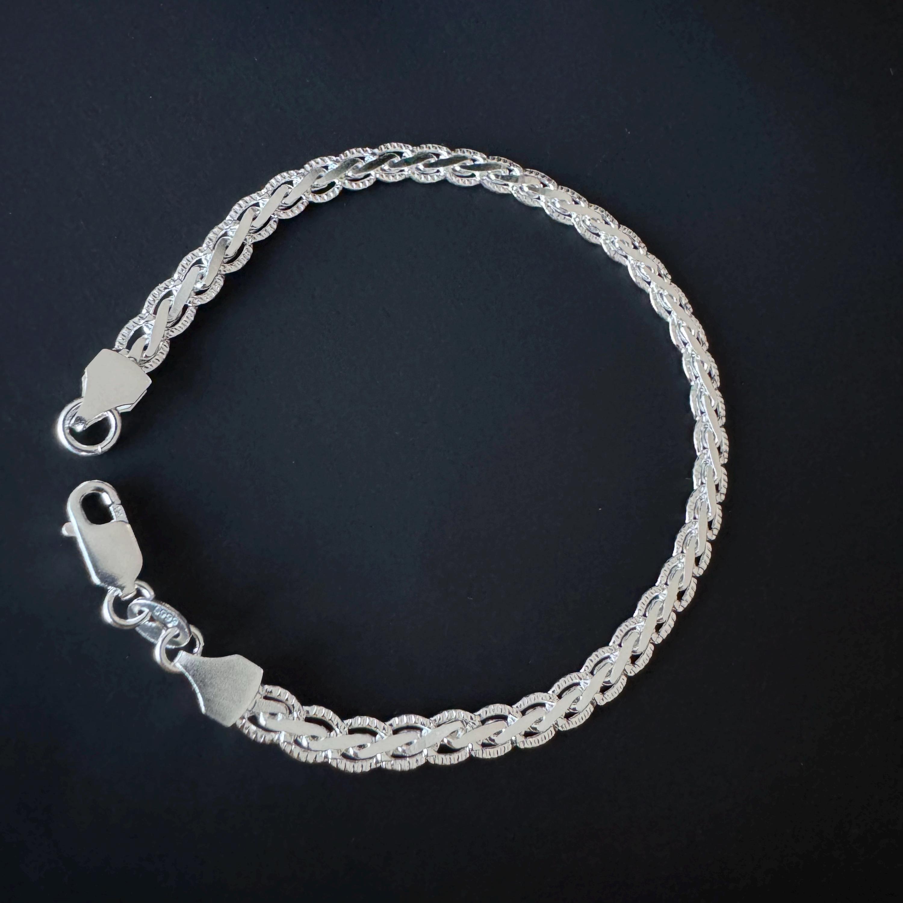 S999 Pure Silver Flat Twist Bracelet, Rope Edge Curb, 4.5mm