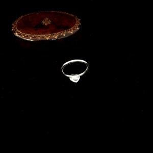 K&ouml;nnte beinhalten: Ein silberner Ring mit einem kleinen, herzf&ouml;rmigen Edelstein. Der Ring ist vor einem schwarzen Hintergrund platziert, mit einer dekorativen, oval geformten Holzbox mit goldenem Rand im Hintergrund.