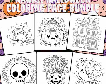May include: A collection of six black and white Halloween-themed colouring pages. The pages feature cute illustrations of a cat on a broom, a pumpkin-shaped mug, a haunted house, a skull, a pumpkin basket of sweets, and ghosts on a crescent moon. The text "KAWAII HALLOWEEN COLORING PAGE BUNDLE" is at the top.