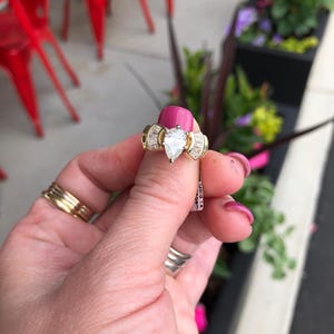 Vintage Retro Engagement Ring 14K Yellow Gold Size 4.5 with Baguette Diamonds Sides and One Pear Diamond 1.03 CT H/1 Color I1 Clarity